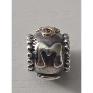 Pandora 925 Sterling Silver & 14k Gold Two Tone Pink CZ Retired Mom Charm